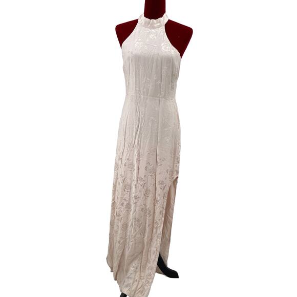 LULU'S SZ S Red Carpet Ready Peach Floral Satin Jacquard Maxi Dress NEW B23 flaw - Picture 2 of 8